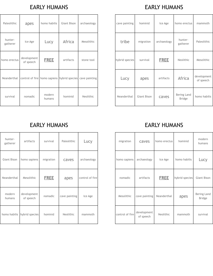 EARLY HUMANS Bingo Cards
