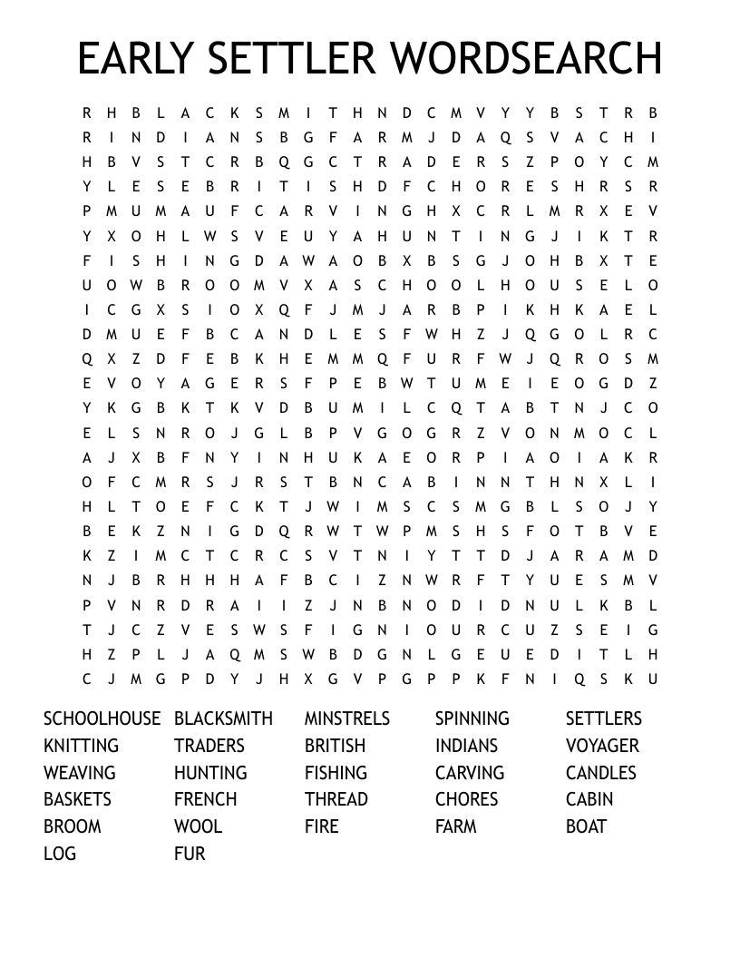 EARLY SETTLER WORDSEARCH