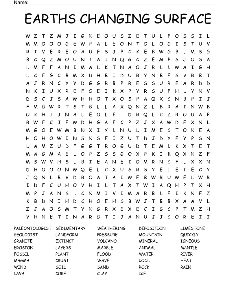 EARTHS CHANGING SURFACE Word Search