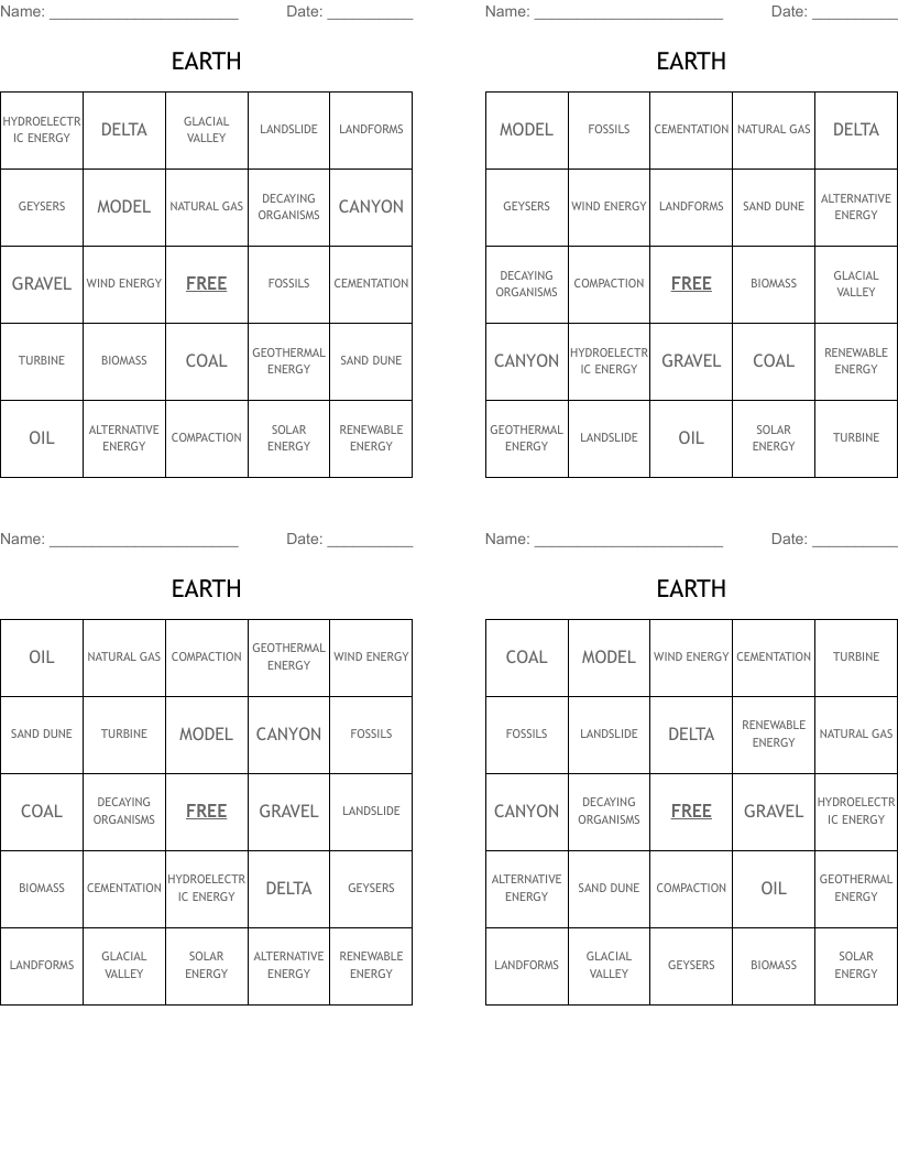 EARTH Bingo Cards