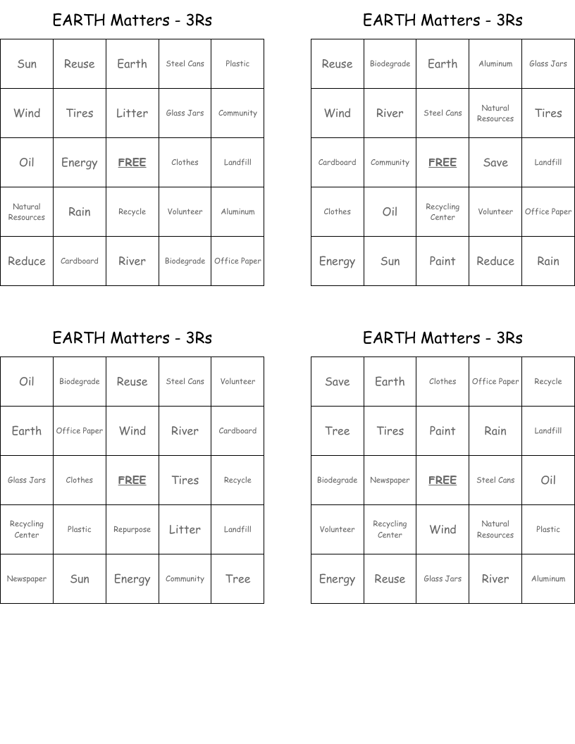 EARTH Matters - 3Rs Bingo Cards