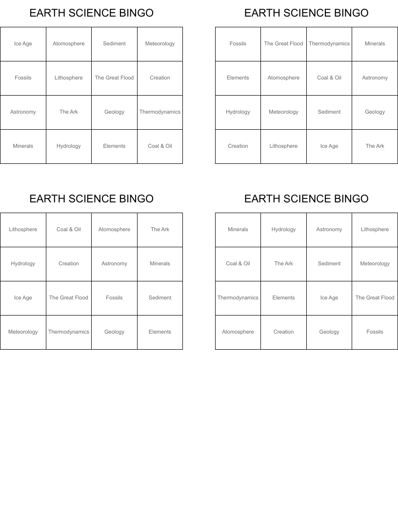 EARTH SCIENCE BINGO