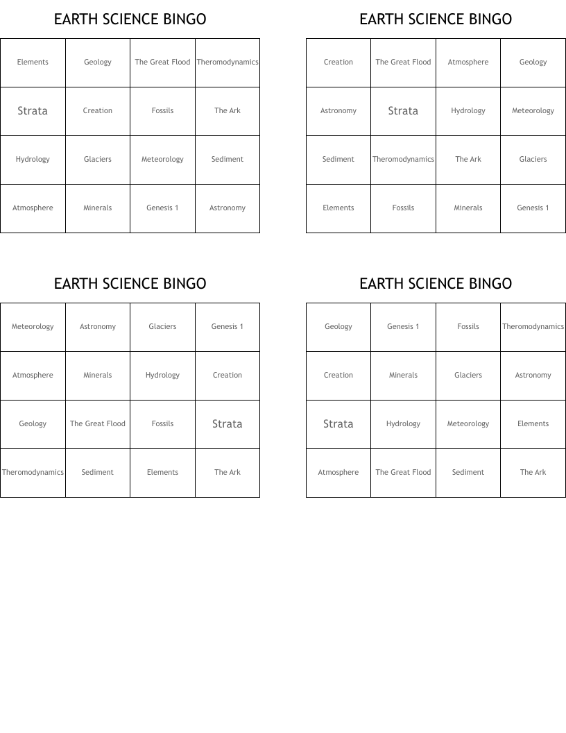 EARTH SCIENCE BINGO