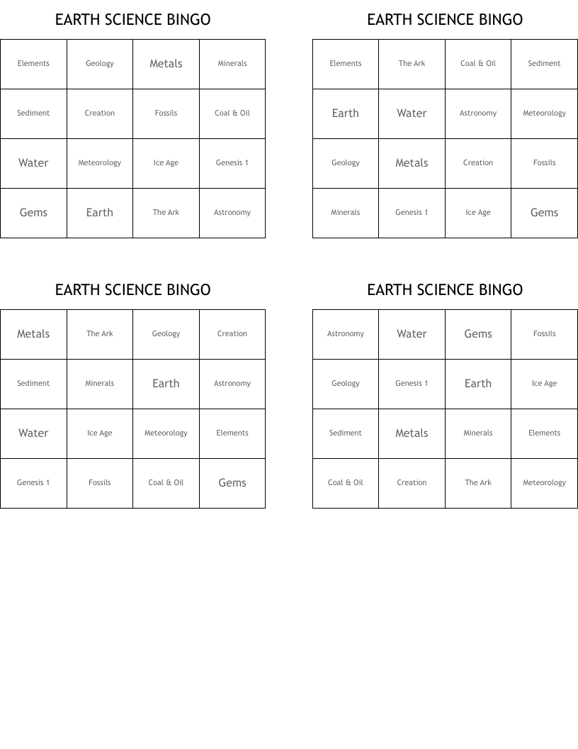 EARTH SCIENCE BINGO