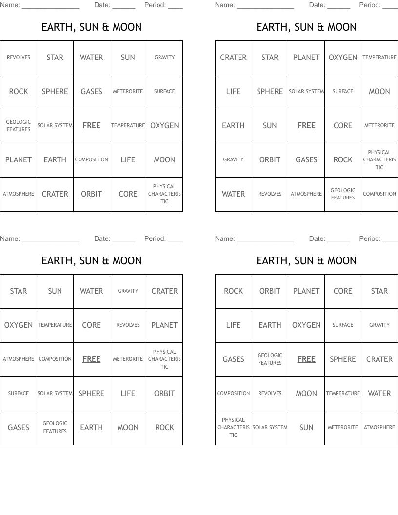 EARTH, SUN & MOON Bingo Cards