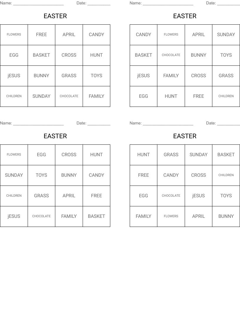 EASTER Bingo Cards