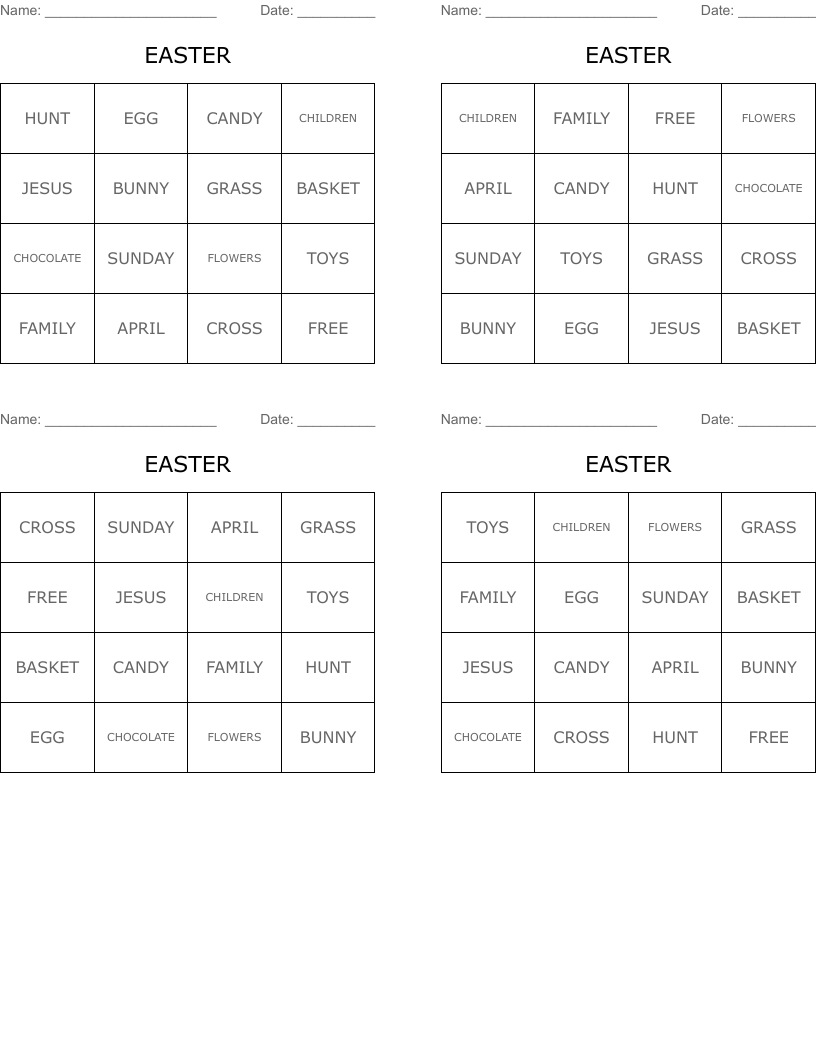 EASTER Bingo Cards