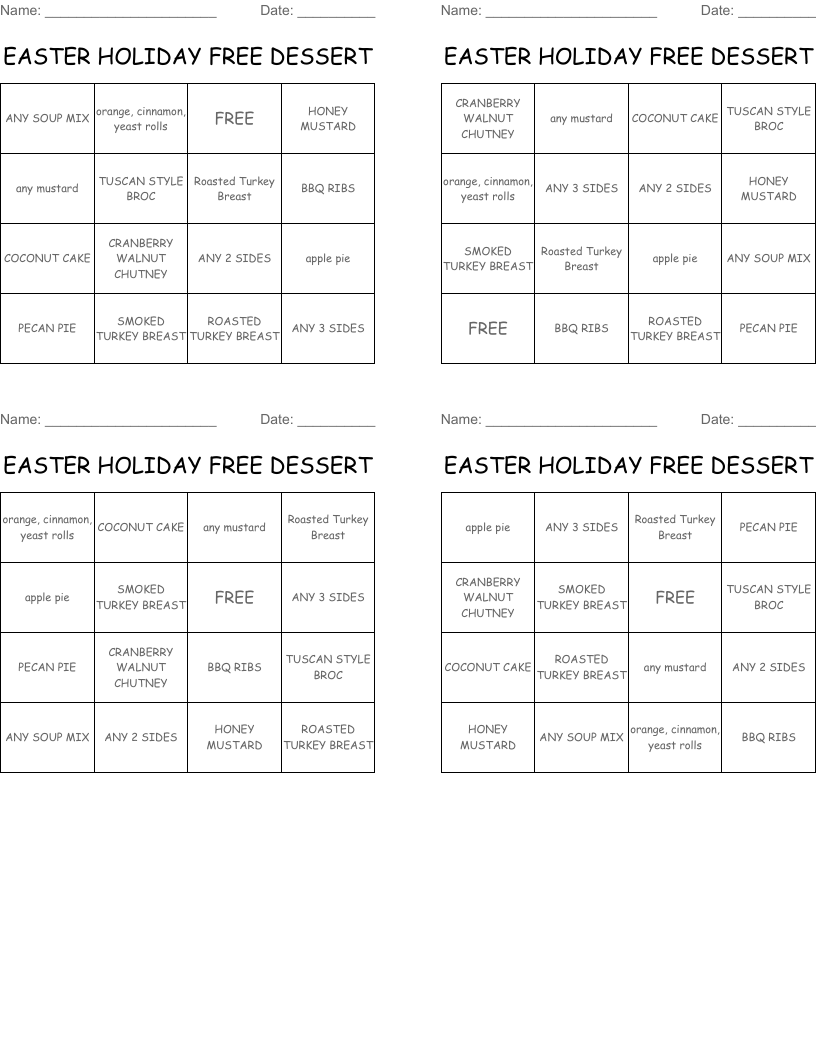 EASTER HOLIDAY FREE DESSERT Bingo Cards