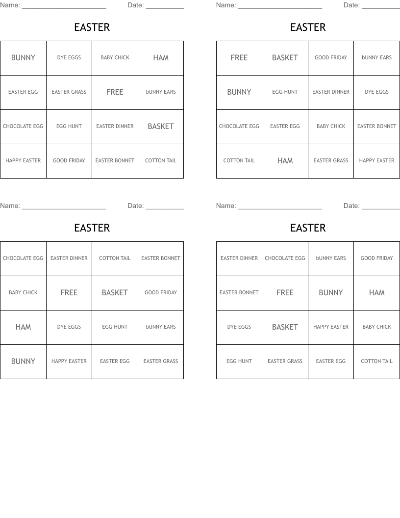 EASTER  Bingo Cards