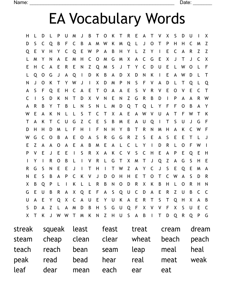 EA Vocabulary Words Word Search