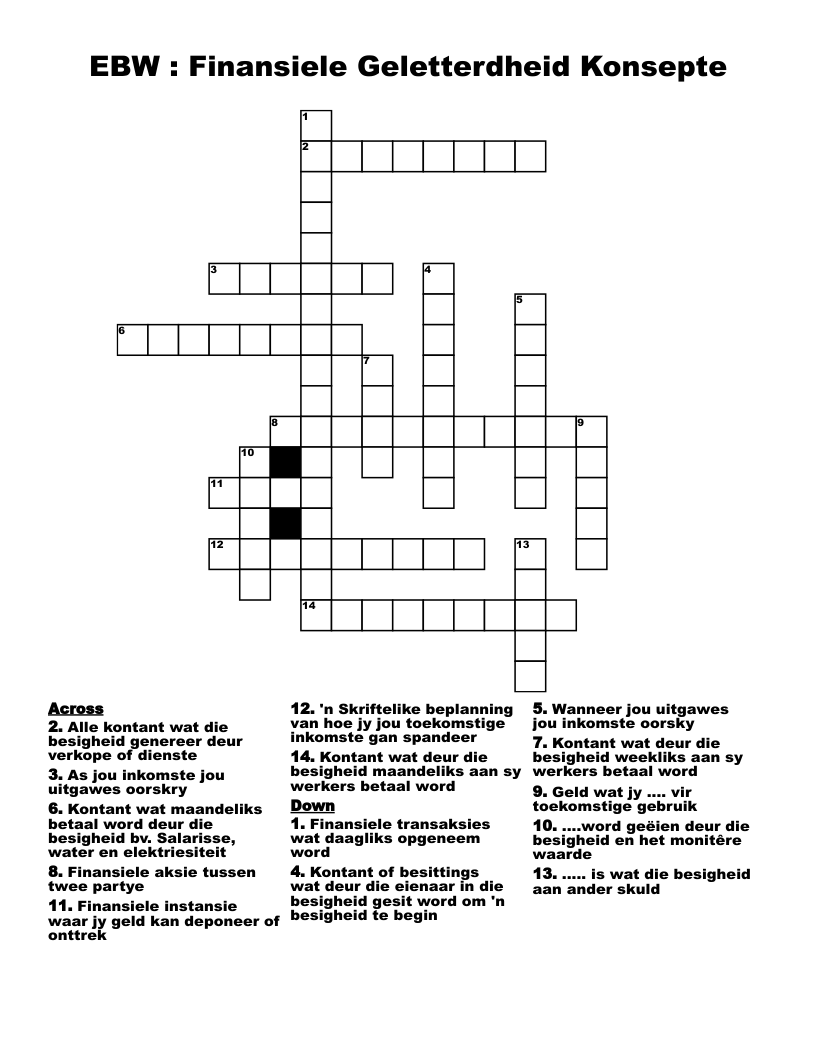 EBW : Finansiele Geletterdheid Konsepte  Crossword