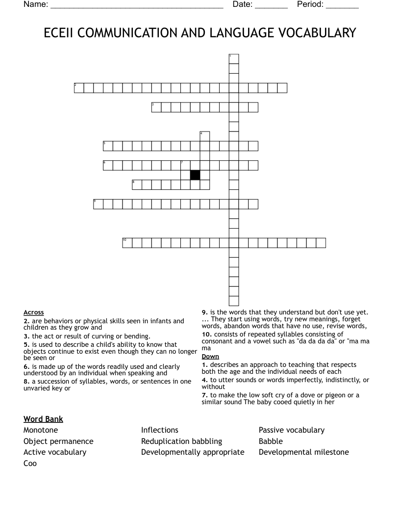 ECEII COMMUNICATION AND LANGUAGE VOCABULARY  Crossword