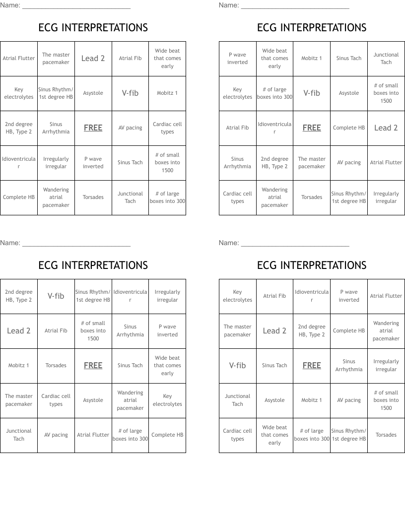 ECG INTERPRETATIONS Bingo Cards