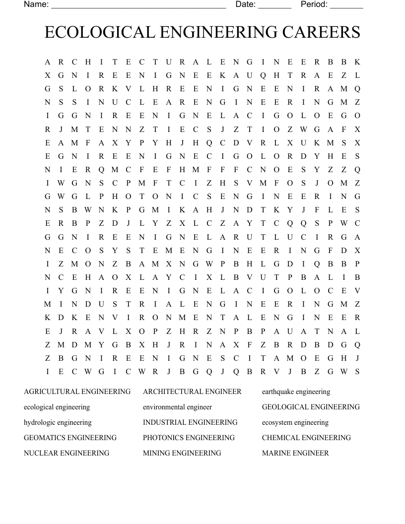 ECOLOGICAL ENGINEERING CAREERS  Word Search