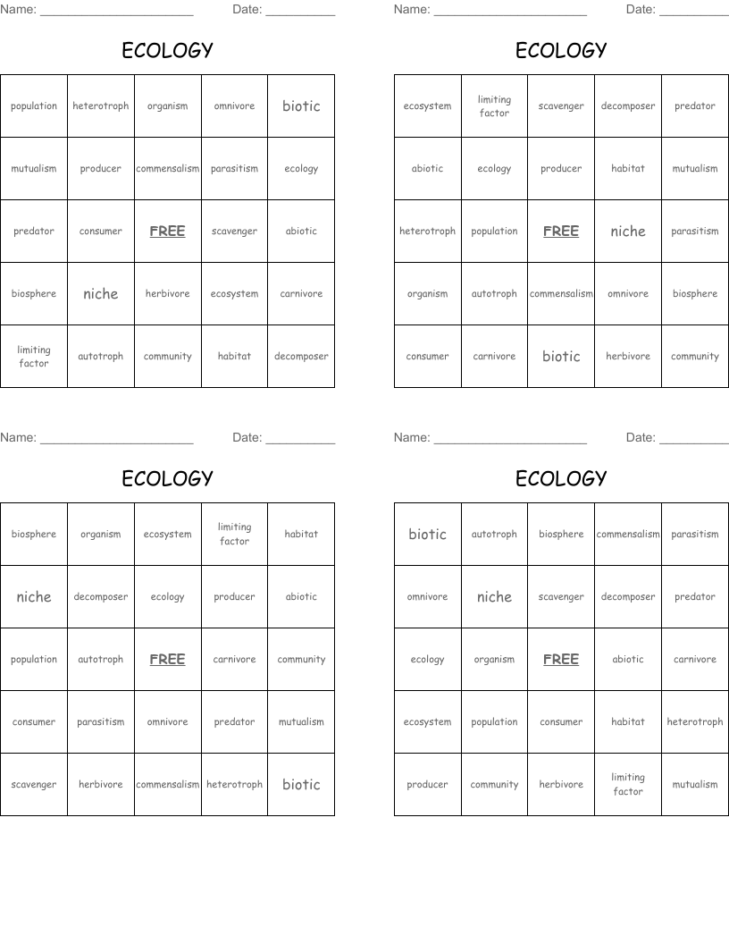 ECOLOGY Bingo Cards