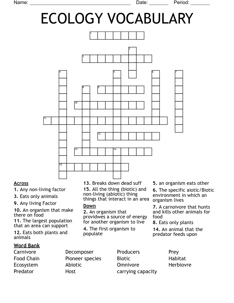 ECOLOGY VOCABULARY Crossword