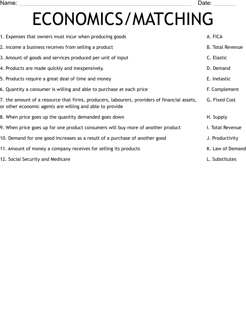 ECONOMICS/MATCHING Worksheet