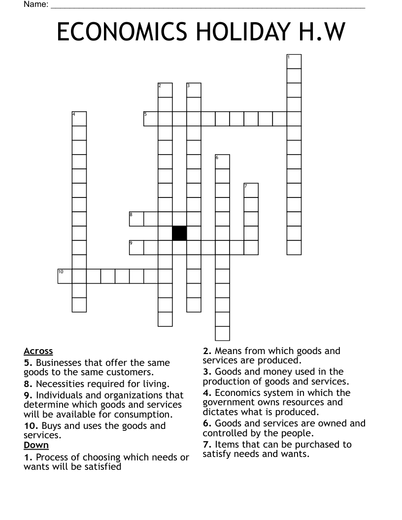 ECONOMICS HOLIDAY H.W Crossword
