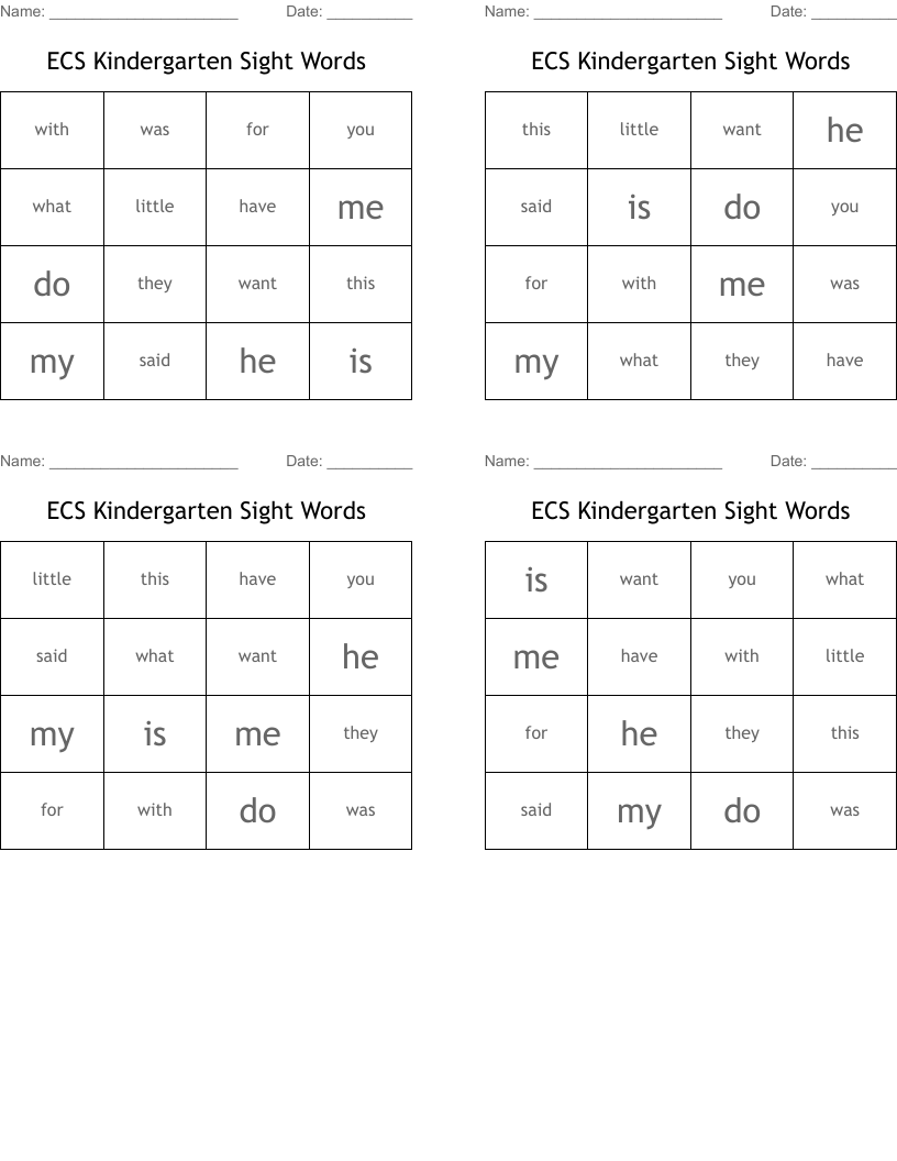 ECS Kindergarten Sight Words Bingo Cards