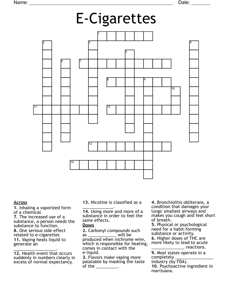 E-Cigarettes Crossword