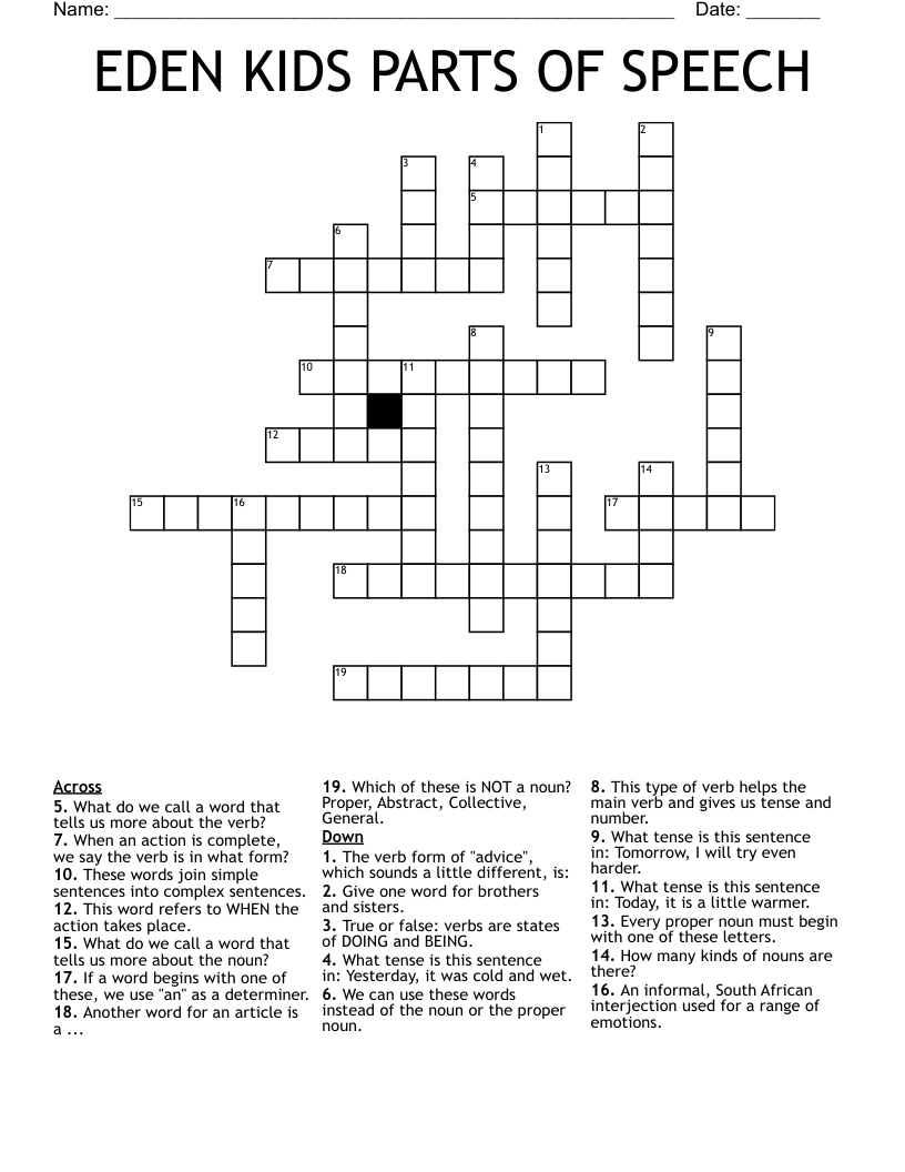 EDEN KIDS PARTS OF SPEECH Crossword