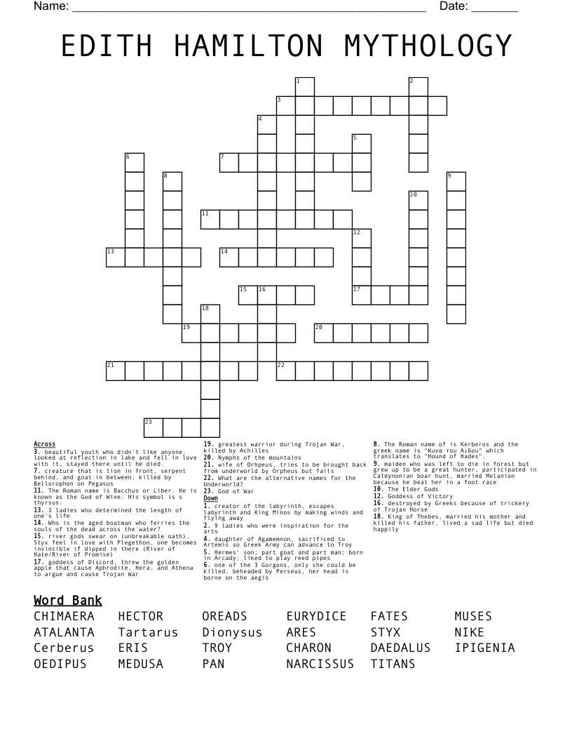 EDITH HAMILTON MYTHOLOGY Crossword