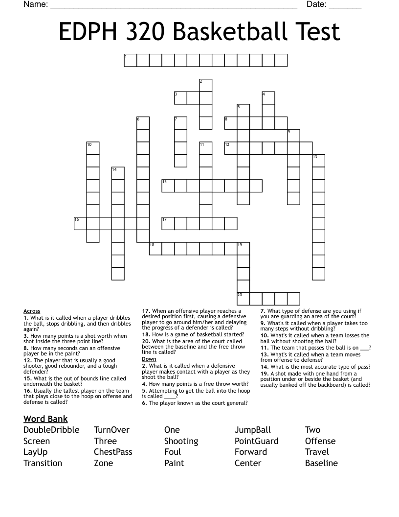 EDPH 320 Basketball Test Crossword