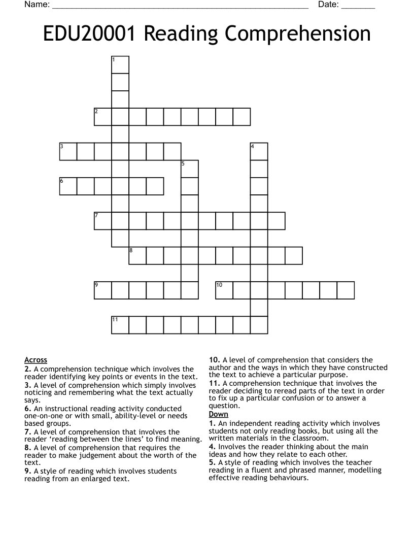 EDU20001 Reading Comprehension Crossword