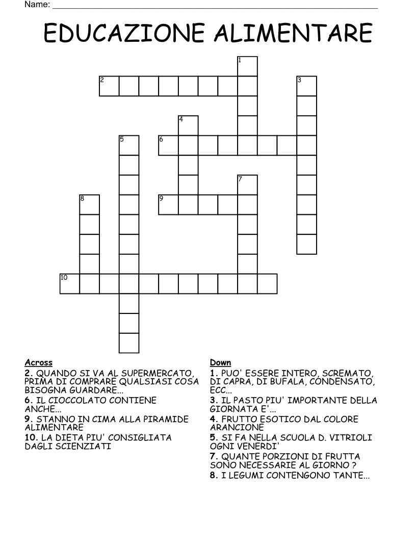 EDUCAZIONE ALIMENTARE Crossword