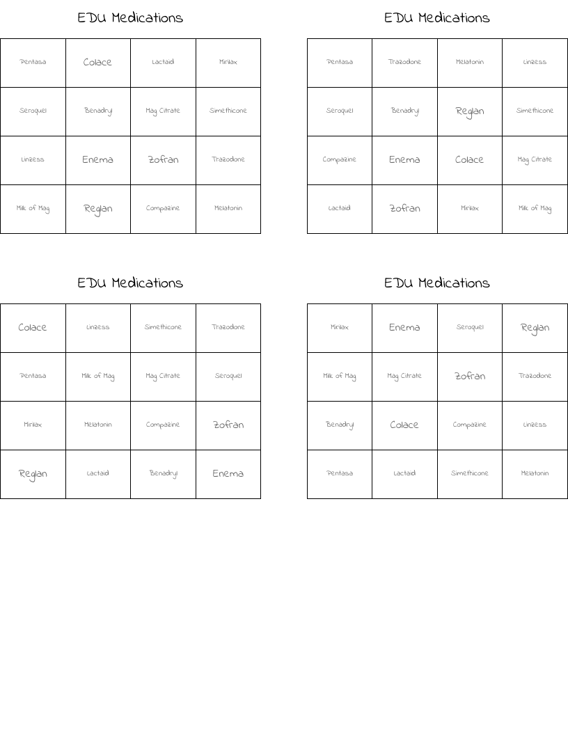EDU Medications Bingo Cards