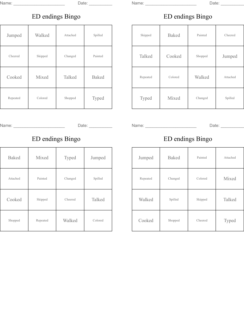 ED endings Bingo 