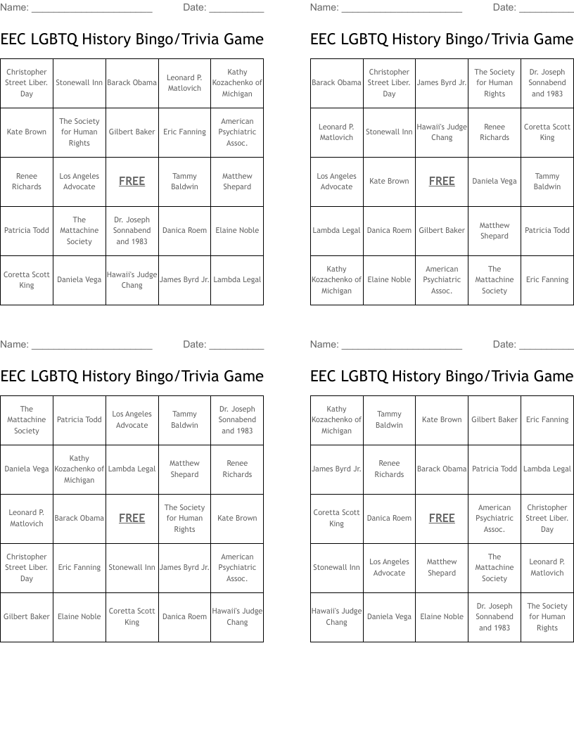 EEC LGBTQ History Bingo/Trivia Game