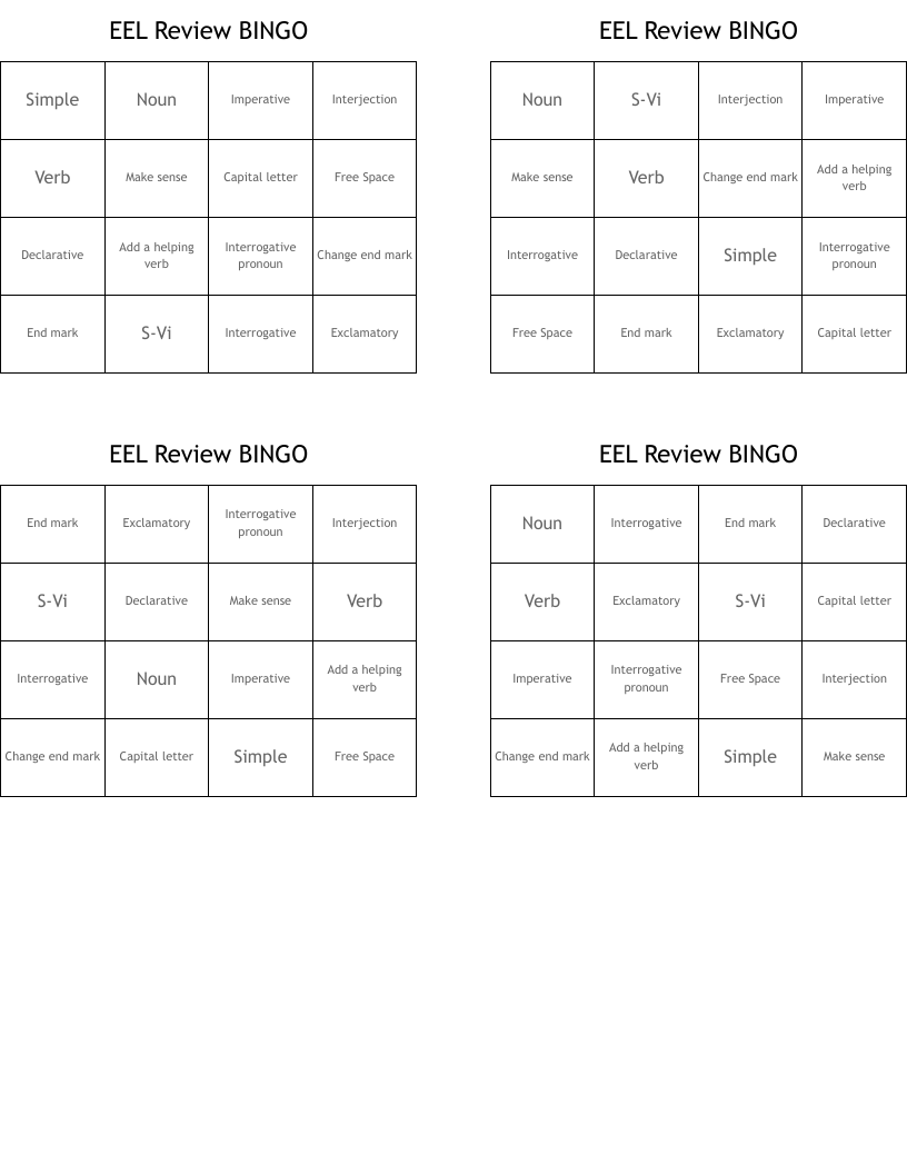 EEL Review BINGO