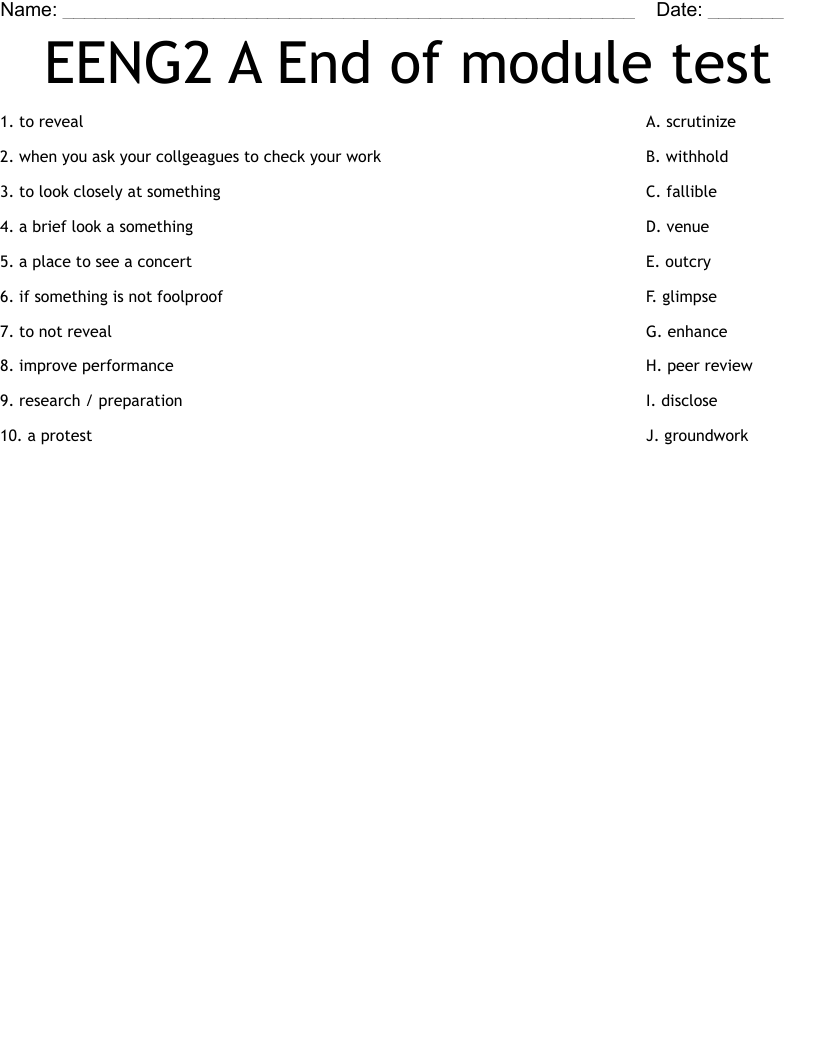 EENG2 A End of module test Worksheet