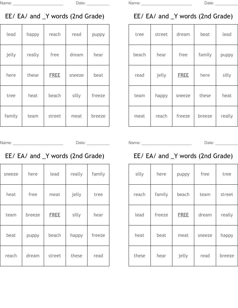 EE/ EA/ and _Y words (2nd Grade)  Bingo Cards