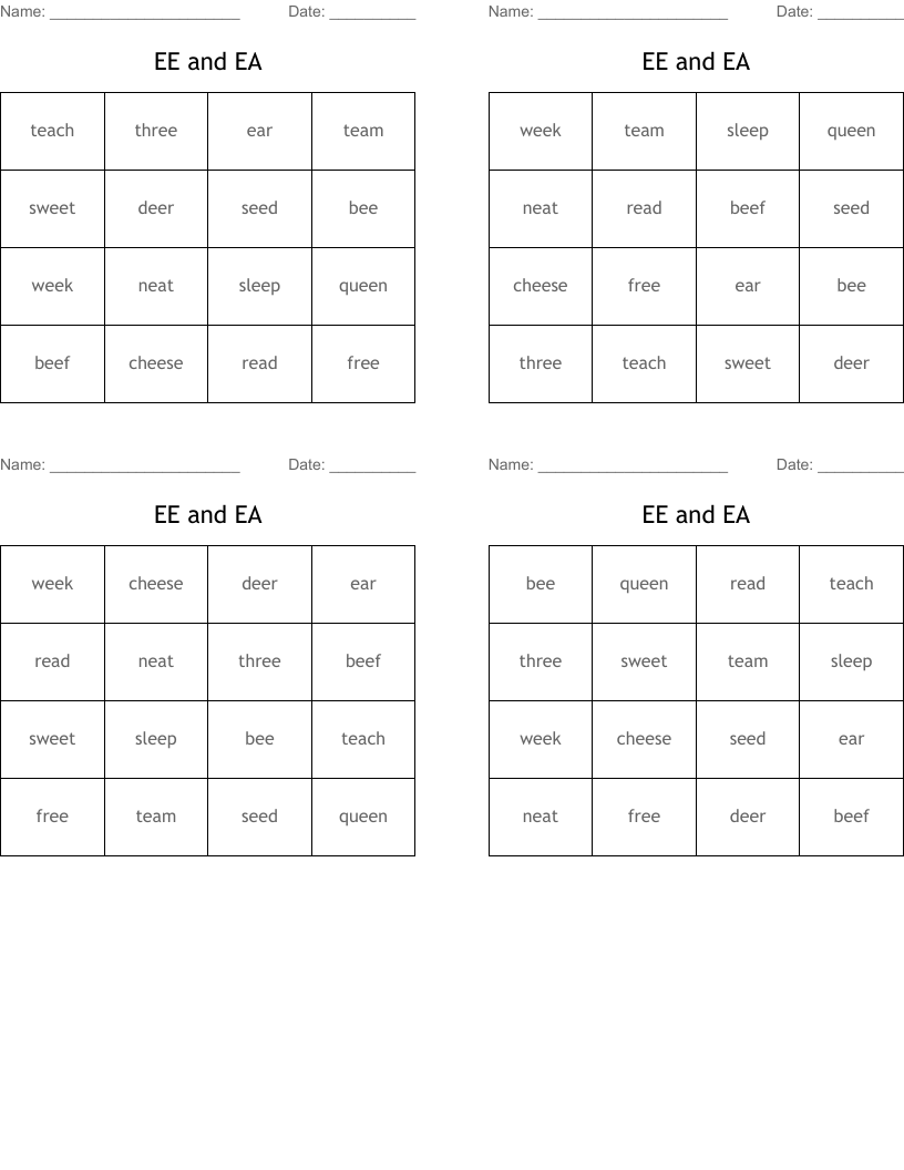 EE and EA Bingo Cards