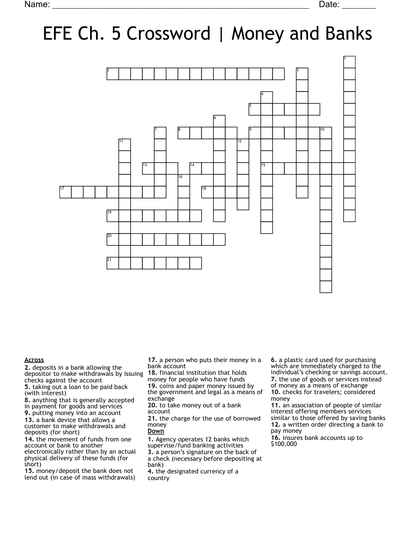 EFE Ch. 5 Crossword | Money and Banks
