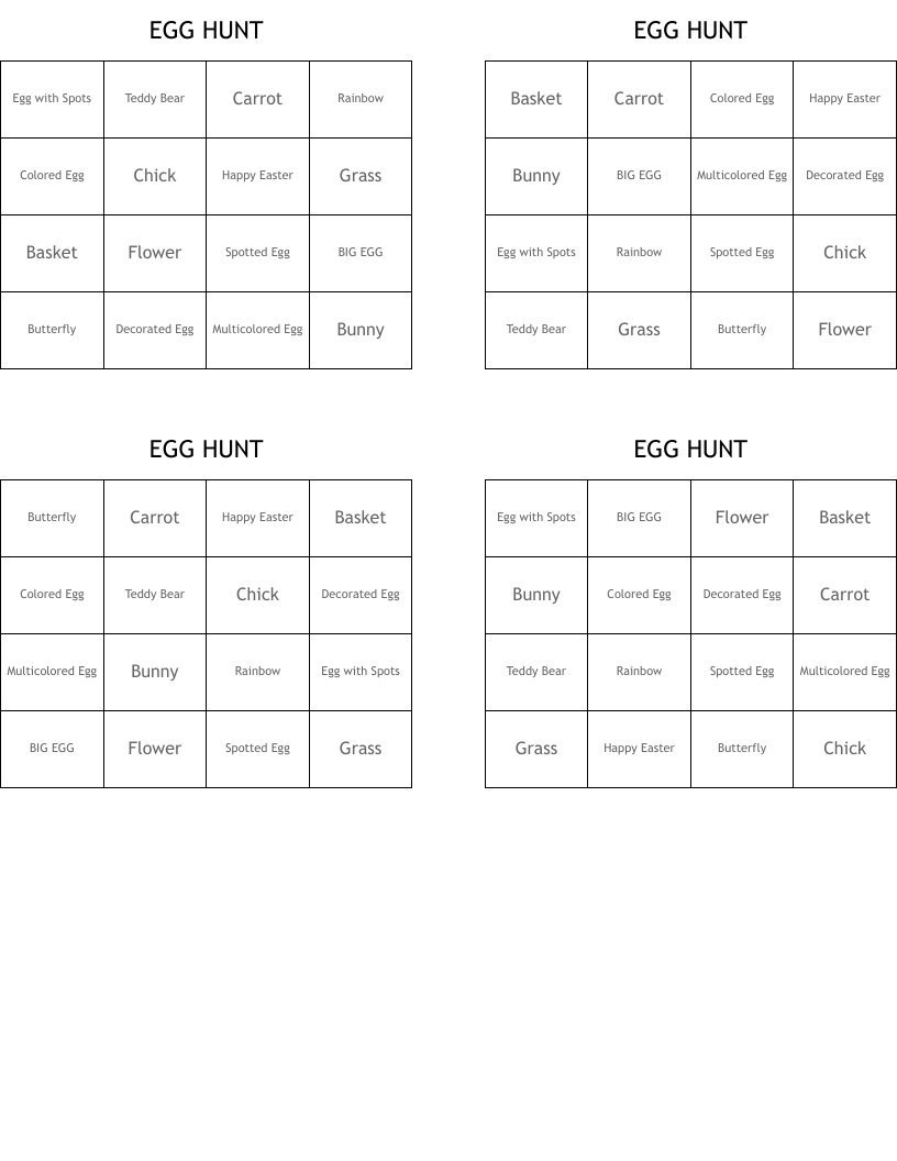 EGG HUNT Bingo Cards