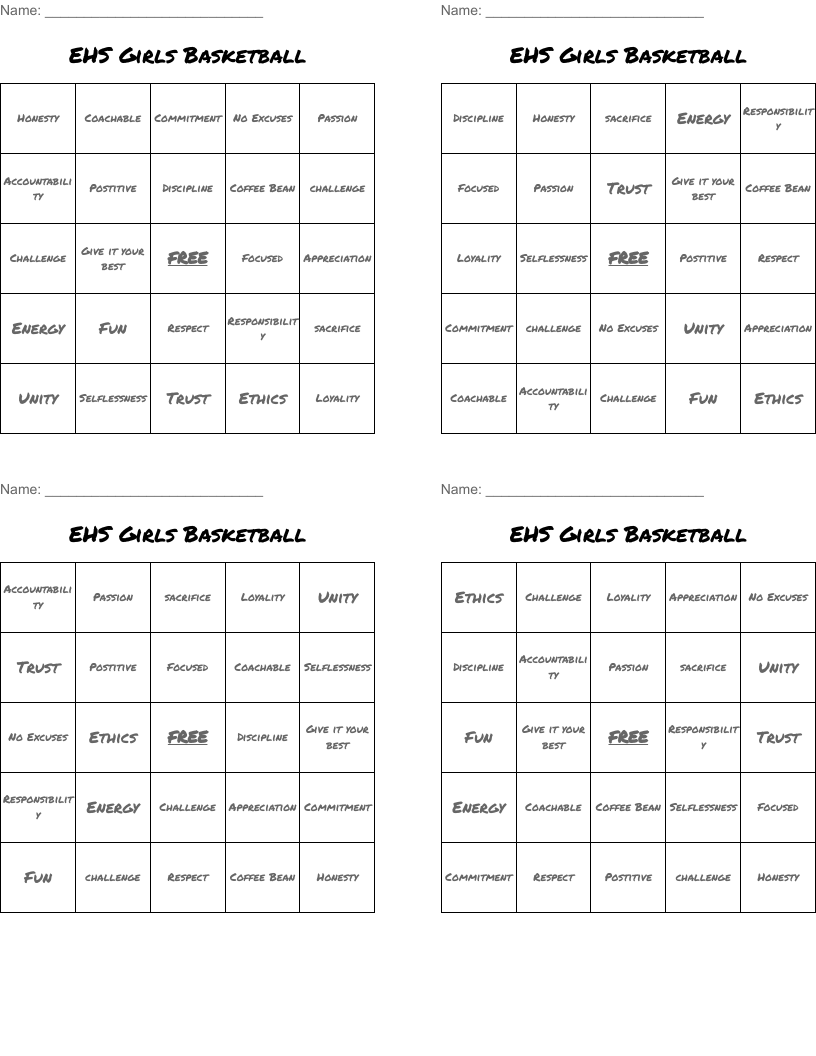 EHS Girls Basketball Bingo Cards
