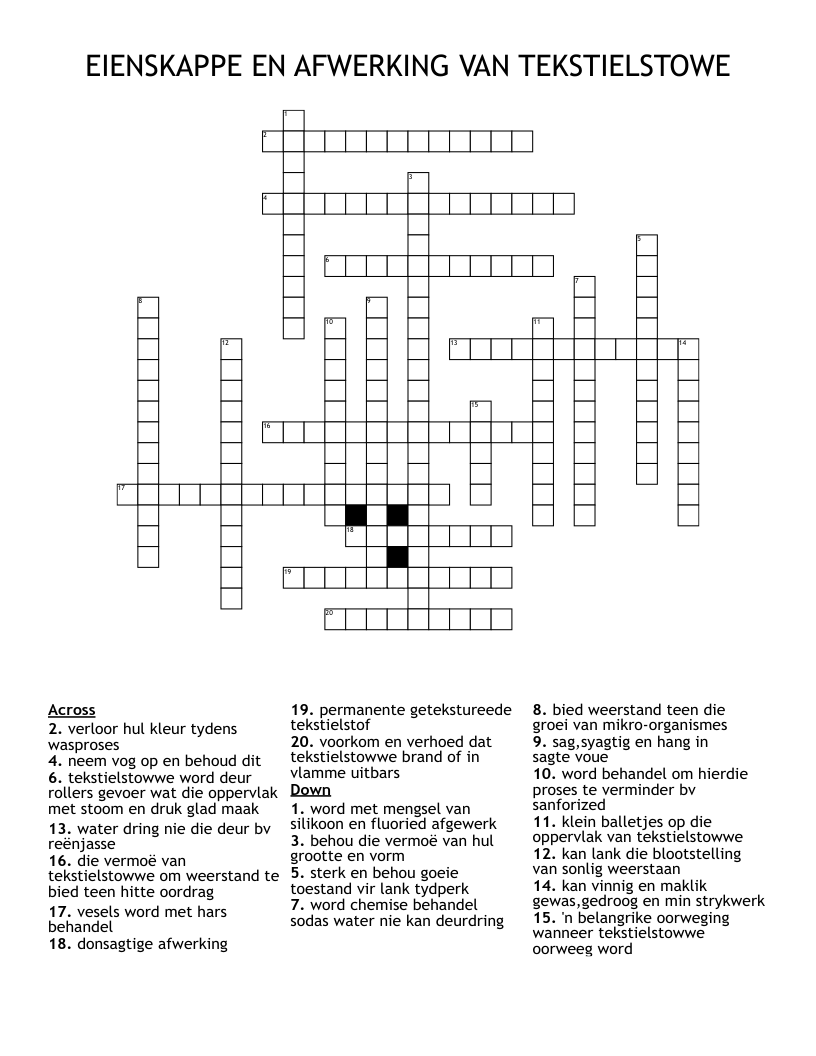 EIENSKAPPE EN AFWERKING VAN TEKSTIELSTOWE Crossword