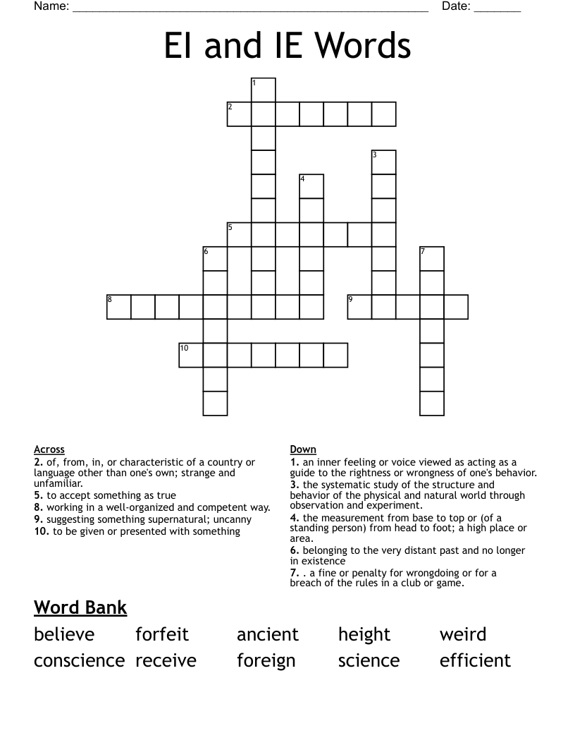 EI and IE Words Crossword