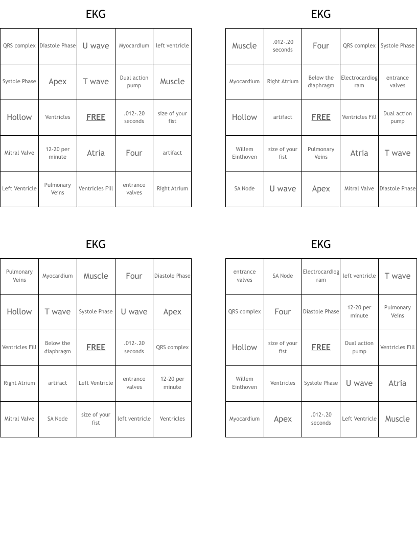 EKG Bingo Cards