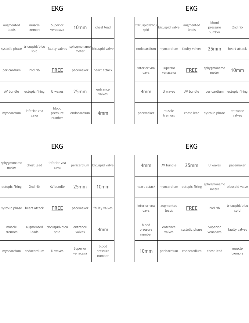 EKG Bingo Cards