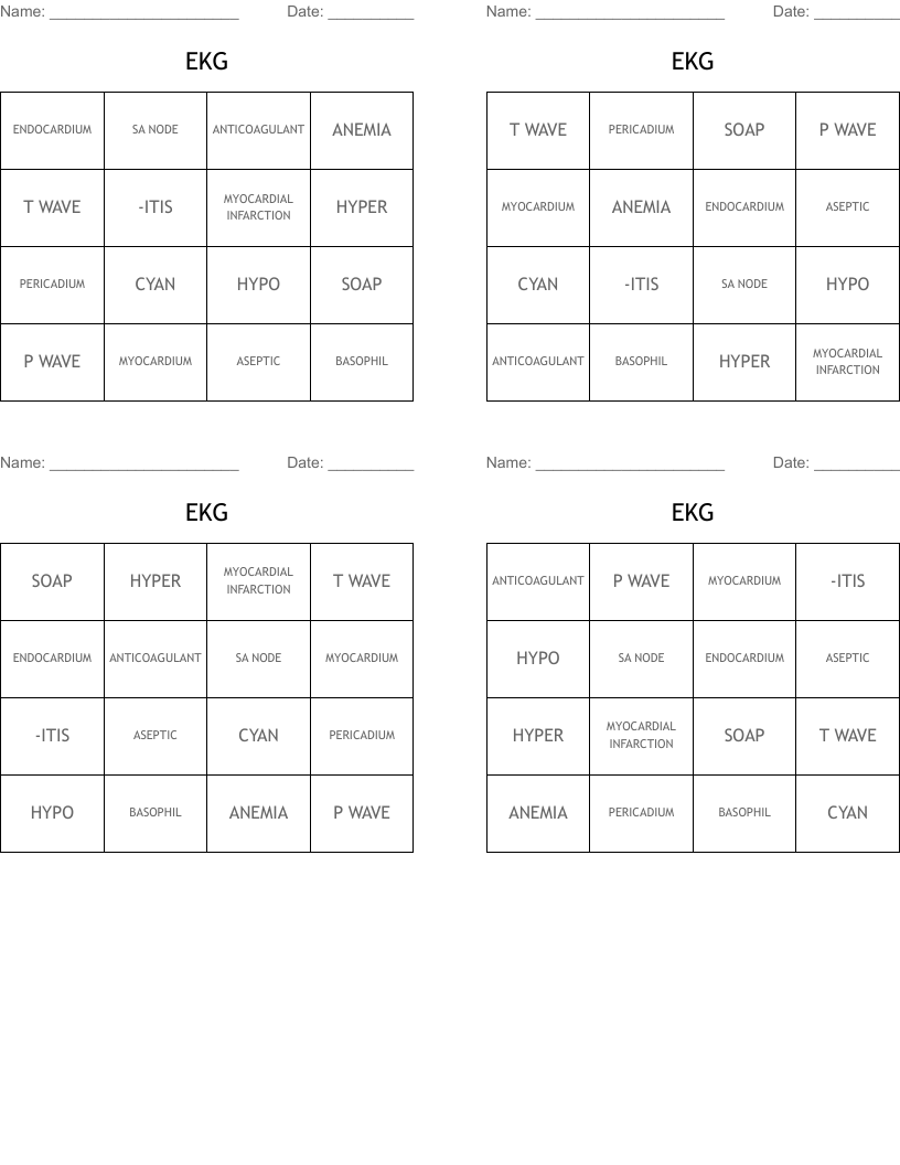 EKG Bingo Cards