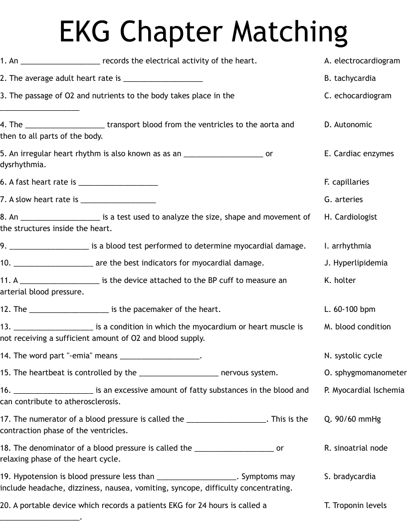 EKG Chapter Matching Worksheet