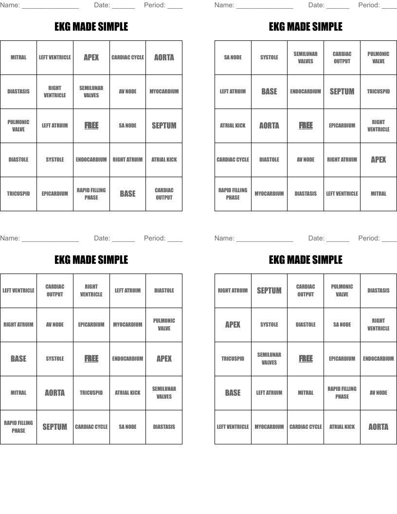 EKG MADE SIMPLE Bingo Cards