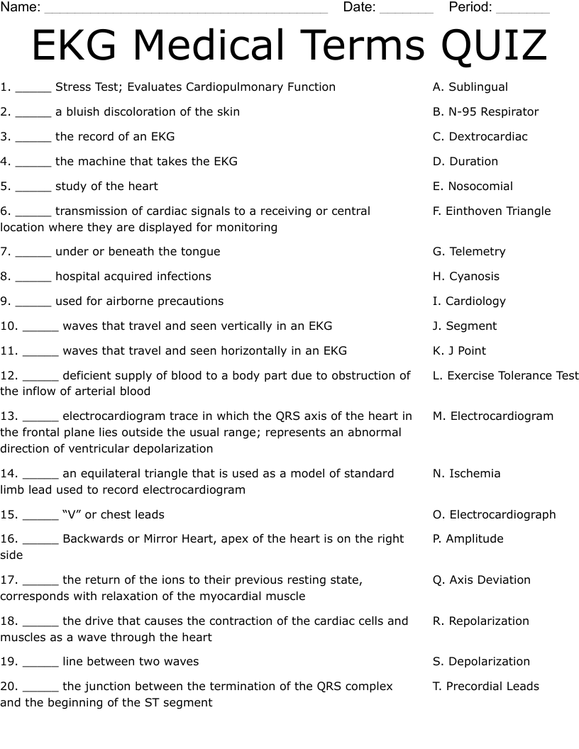 EKG Medical Terms QUIZ Worksheet