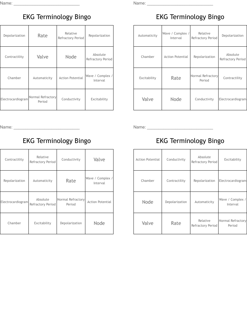 EKG Terminology Bingo