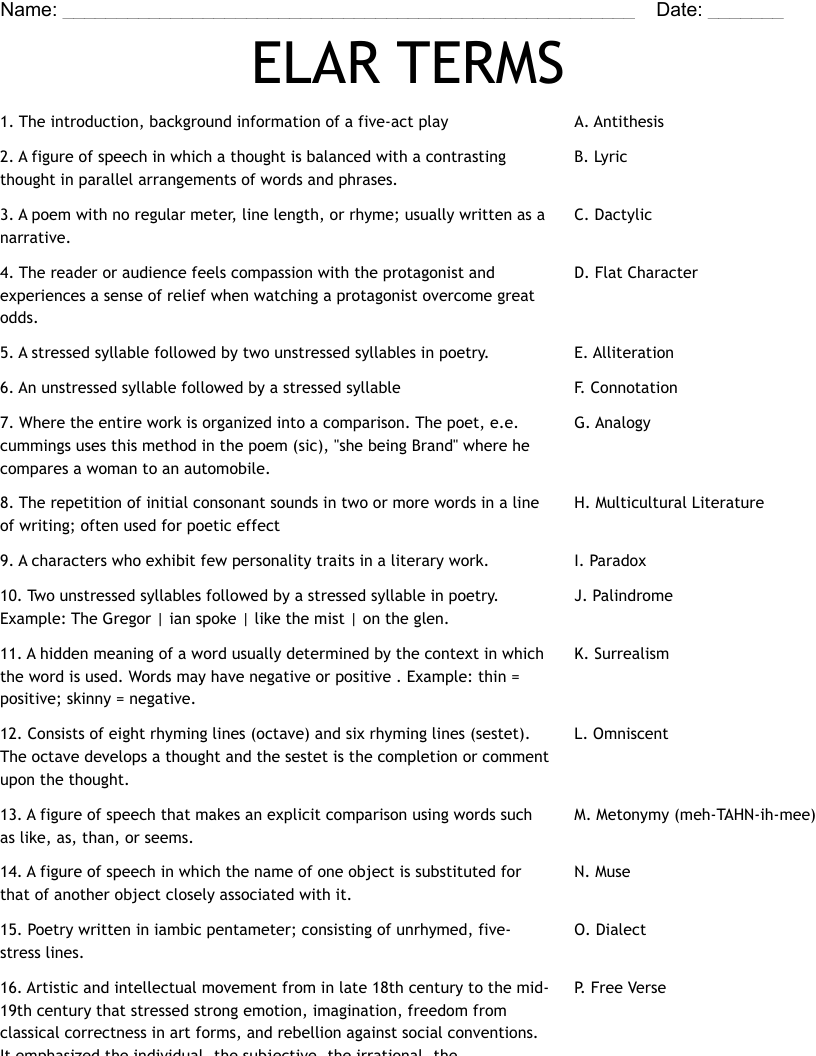 ELAR TERMS Worksheet