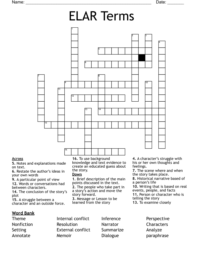 ELAR Terms Crossword